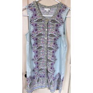 J.Jill Womens Small Petite Blue Floral Paisley Full Button Tank Top